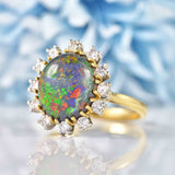 Ellibelle Jewellery Vintage 1987 Black Opal & Diamond 18ct Gold Cluster Ring
