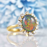 Ellibelle Jewellery Vintage 1987 Black Opal & Diamond 18ct Gold Cluster Ring