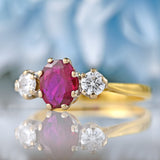 Ellibelle Jewellery Vintage 1987 Ruby & Diamond 18ct Gold Three-Stone Trilogy Engagement Ring