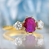 Ellibelle Jewellery Vintage 1987 Ruby & Diamond 18ct Gold Three-Stone Trilogy Engagement Ring