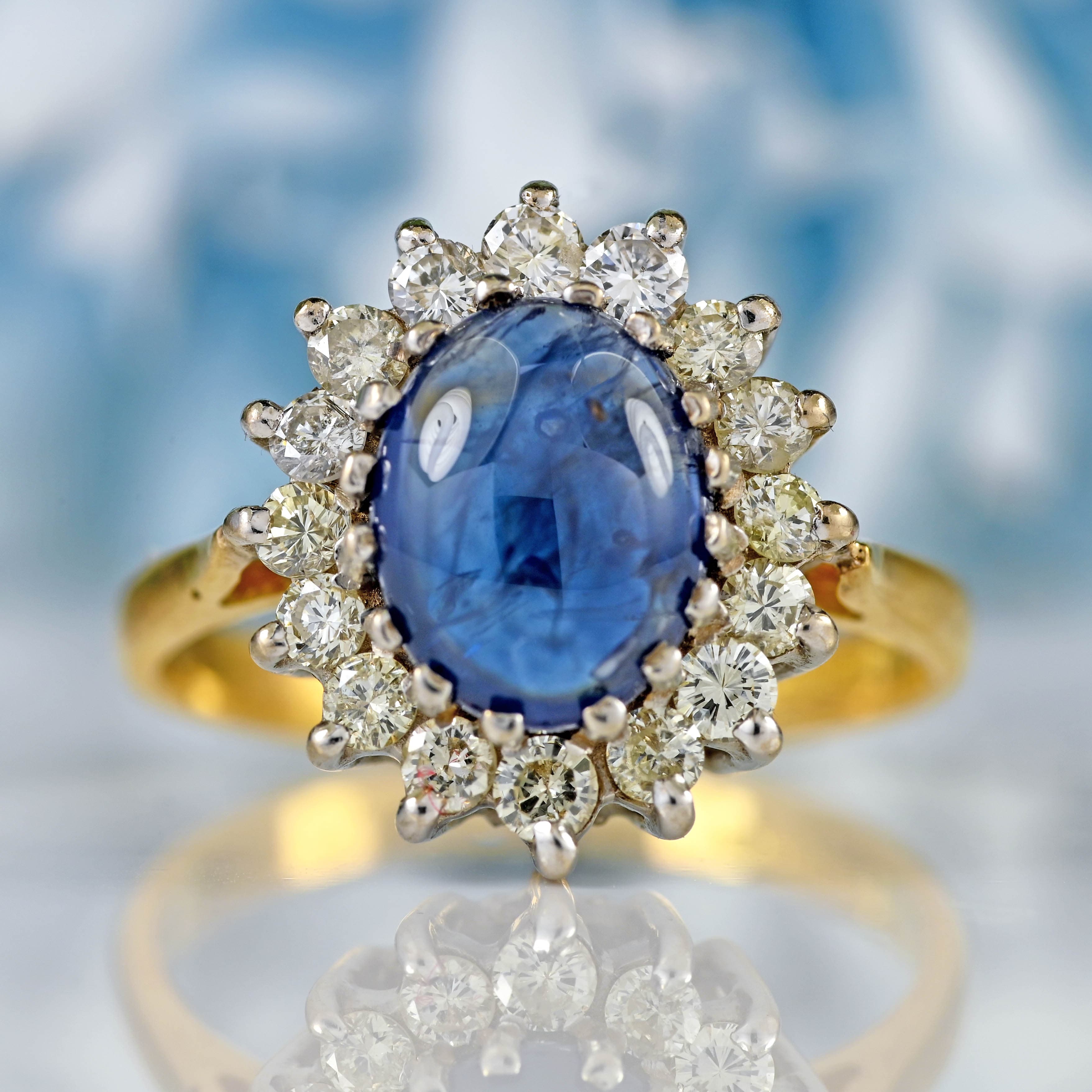 Vintage 1988 Cabochon Sapphire Diamond 18ct Gold Cluster Ring