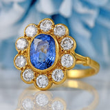 Ellibelle Jewellery Vintage 1988 Ceylon Sapphire & Diamond 18ct Gold Cluster Engagement Ring (1.85cts)