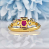 Ellibelle Jewellery Vintage 1989 Natural Ruby & Diamond 18ct Gold Three-Stone Engagement Ring