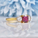 Ellibelle Jewellery Vintage 1989 Natural Ruby & Diamond 18ct Gold Three-Stone Engagement Ring