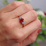 Ellibelle Jewellery Vintage 1989 Natural Ruby & Diamond 18ct Gold Three-Stone Engagement Ring