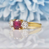 Ellibelle Jewellery Vintage 1989 Natural Ruby & Diamond 18ct Gold Three-Stone Engagement Ring