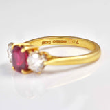 Ellibelle Jewellery Vintage 1989 Natural Ruby & Diamond 18ct Gold Three-Stone Engagement Ring