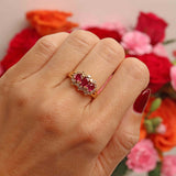 Ellibelle Jewellery Vintage 1989 Ruby & Diamond 18ct Gold Triple-Cluster Ring