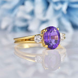 Ellibelle Jewellery Vintage 1991 Amethyst & Diamond 18ct Gold Trilogy Ring