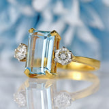 Ellibelle Jewellery Vintage 1991 Aquamarine & Diamond 18ct Gold Three-Stone Trilogy Ring