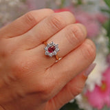 Ellibelle Jewellery Vintage 1991 Natural Ruby & Diamond 18ct Gold Cluster Engagement Ring