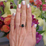 Ellibelle Jewellery Vintage 1991 Teal Sapphire & Diamond 18ct Gold Three-Stone Engagement Ring
