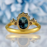 Ellibelle Jewellery Vintage 1991 Teal Sapphire & Diamond 18ct Gold Three-Stone Engagement Ring