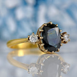 Ellibelle Jewellery Vintage 1991 Teal Sapphire & Diamond 18ct Gold Three-Stone Engagement Ring