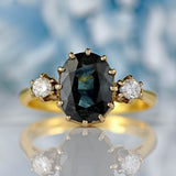Ellibelle Jewellery Vintage 1991 Teal Sapphire & Diamond 18ct Gold Three-Stone Engagement Ring