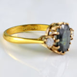 Ellibelle Jewellery Vintage 1991 Teal Sapphire & Diamond 18ct Gold Three-Stone Engagement Ring