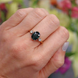 Ellibelle Jewellery Vintage 1991 Teal Sapphire & Diamond 18ct Gold Three-Stone Engagement Ring