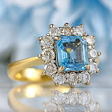 Ellibelle Jewellery Vintage 1993 Emerald-Cut Aquamarine & Diamond 18ct Gold Cluster Ring