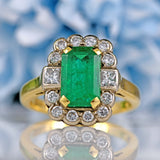Ellibelle Jewellery Vintage 1993 Emerald & Diamond 18ct Gold Cluster Engagement Ring