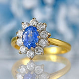 Ellibelle Jewellery Vintage 1994 Ceylon Sapphire & Diamond 18ct Gold Cluster Engagement Ring