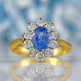 Ellibelle Jewellery Vintage 1994 Ceylon Sapphire & Diamond 18ct Gold Cluster Engagement Ring