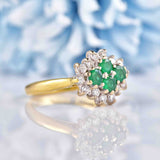 Ellibelle Jewellery Vintage 1994 Natural Emerald & Diamond 18ct Gold Cluster Ring