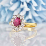 Ellibelle Jewellery Vintage 1996 Ruby & Diamond 18ct Gold Oval Cluster Ring