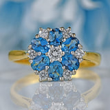 Ellibelle Jewellery Vintage 1997 Aquamarine & Diamond 18ct Gold Daisy Cluster Engagement Ring