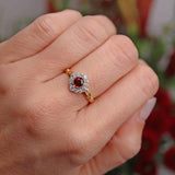 Ellibelle Jewellery Vintage 1997 Ruby & Diamond 18ct Gold Cluster Engagement Ring