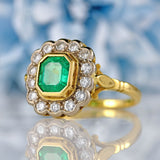 Ellibelle Jewellery Vintage 1998 Emerald & Diamond 18ct Gold Cluster Engagement Ring