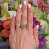 Ellibelle Jewellery Vintage 1998 Emerald & Diamond 18ct Gold Cluster Engagement Ring