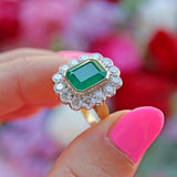 Ellibelle Jewellery Vintage 1998 Emerald & Diamond 18ct Gold Cluster Engagement Ring (4.10cts)