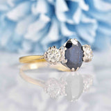 Ellibelle Jewellery Vintage 2.25ct Sapphire & Diamond Gold Platinum Three-Stone Engagement Ring