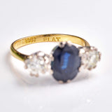 Ellibelle Jewellery Vintage 2.25ct Sapphire & Diamond Gold Platinum Three-Stone Engagement Ring