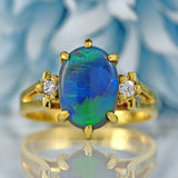 Ellibelle Jewellery Vintage Black Opal & Diamond 18ct Gold Three-Stone Ring (0.80cts)