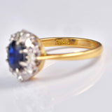 Ellibelle Jewellery Vintage Blue Sapphire & Diamond 18ct Gold Platinum Cluster Ring
