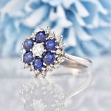 Ellibelle Jewellery Vintage Blue Sapphire & Diamond White Gold Cluster Ring