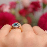 Ellibelle Jewellery Vintage Blue Zircon & Diamond 18ct Gold Halo Ring