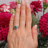 Ellibelle Jewellery Vintage Blue Zircon & Diamond 18ct Gold Halo Ring