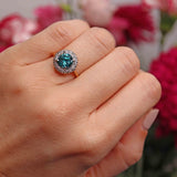 Ellibelle Jewellery Vintage Blue Zircon & Diamond 18ct Gold Halo Ring