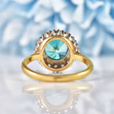 Ellibelle Jewellery Vintage Blue Zircon & Diamond 18ct Gold Halo Ring
