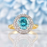 Ellibelle Jewellery Vintage Blue Zircon & Diamond 18ct Gold Halo Ring
