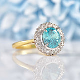 Ellibelle Jewellery Vintage Blue Zircon & Diamond 18ct Gold Halo Ring