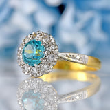 Ellibelle Jewellery Vintage Blue Zircon & Diamond 18ct Gold Platinum Cluster Ring