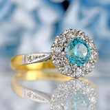 Ellibelle Jewellery Vintage Blue Zircon & Diamond 18ct Gold Platinum Cluster Ring