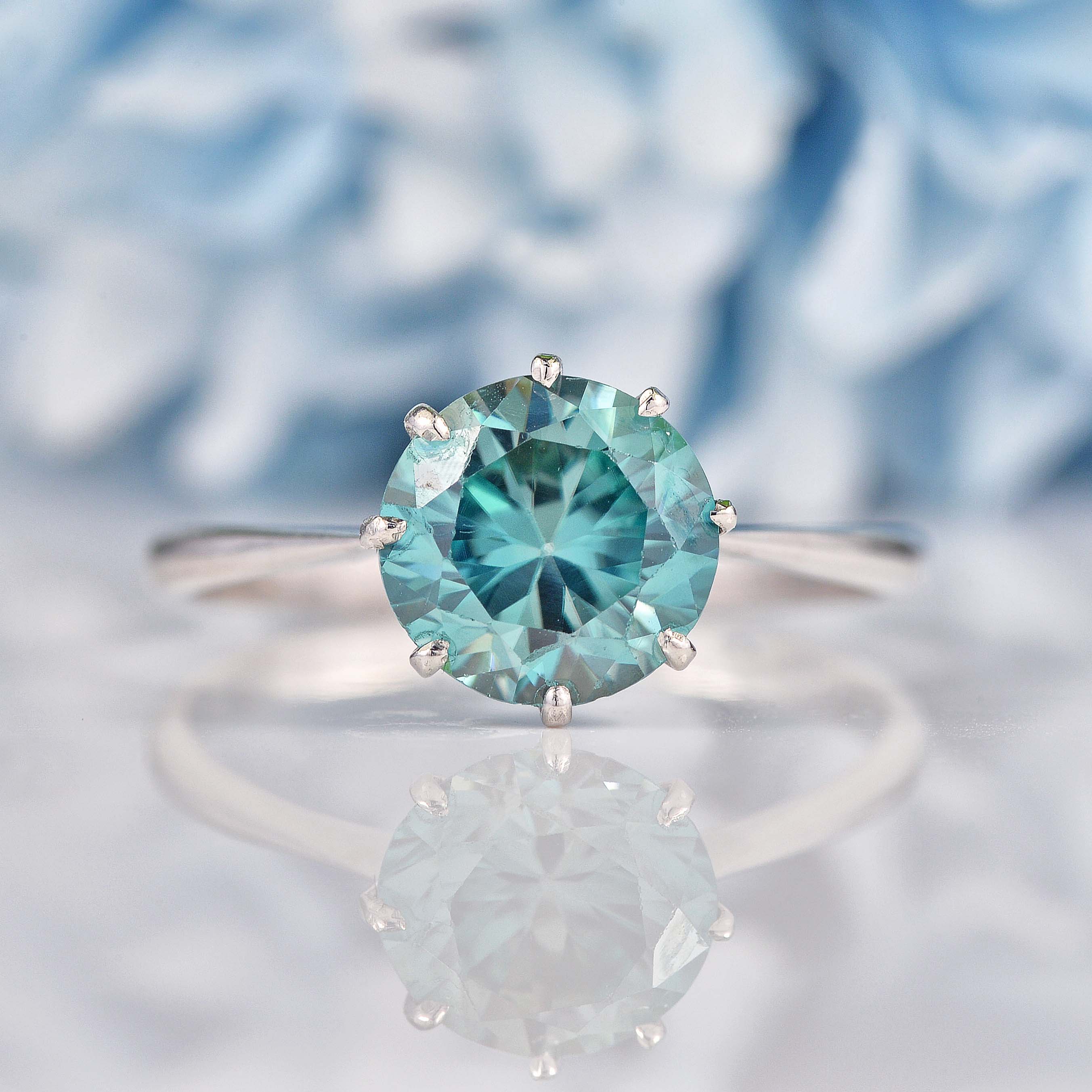 Vintage Blue Zircon White Gold Engagement Ring