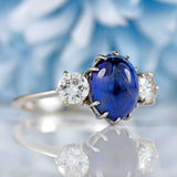Ellibelle Jewellery Vintage Cabochon Sapphire & Diamond 18ct White Gold Three-Stone Ring
