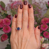 Ellibelle Jewellery Vintage Cabochon Sapphire & Diamond 18ct White Gold Three-Stone Ring