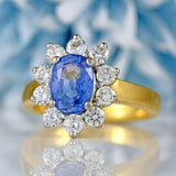Ellibelle Jewellery Vintage Ceylon Sapphire & Diamond 18ct Gold Cluster Engagement Ring (1.85cts)