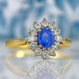 Ellibelle Jewellery Vintage Ceylon Sapphire & Vari-Cut Diamond 18ct Gold Cluster Ring
